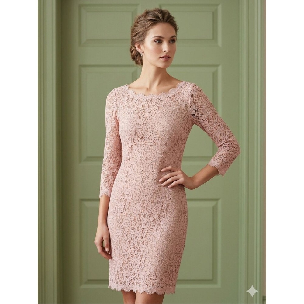 Eliza J Blush Pink Floral Lace Sheath Scallop Trim Dress 3/4 Sleeve Bridal 10
